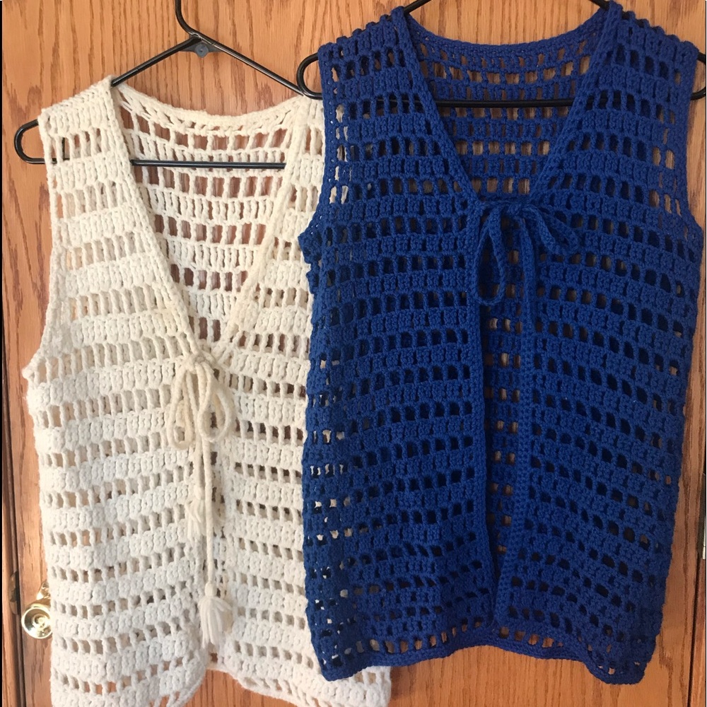 Set of 2 vintage crocheted vests, hand made in cream & royal blue yarn~tie front